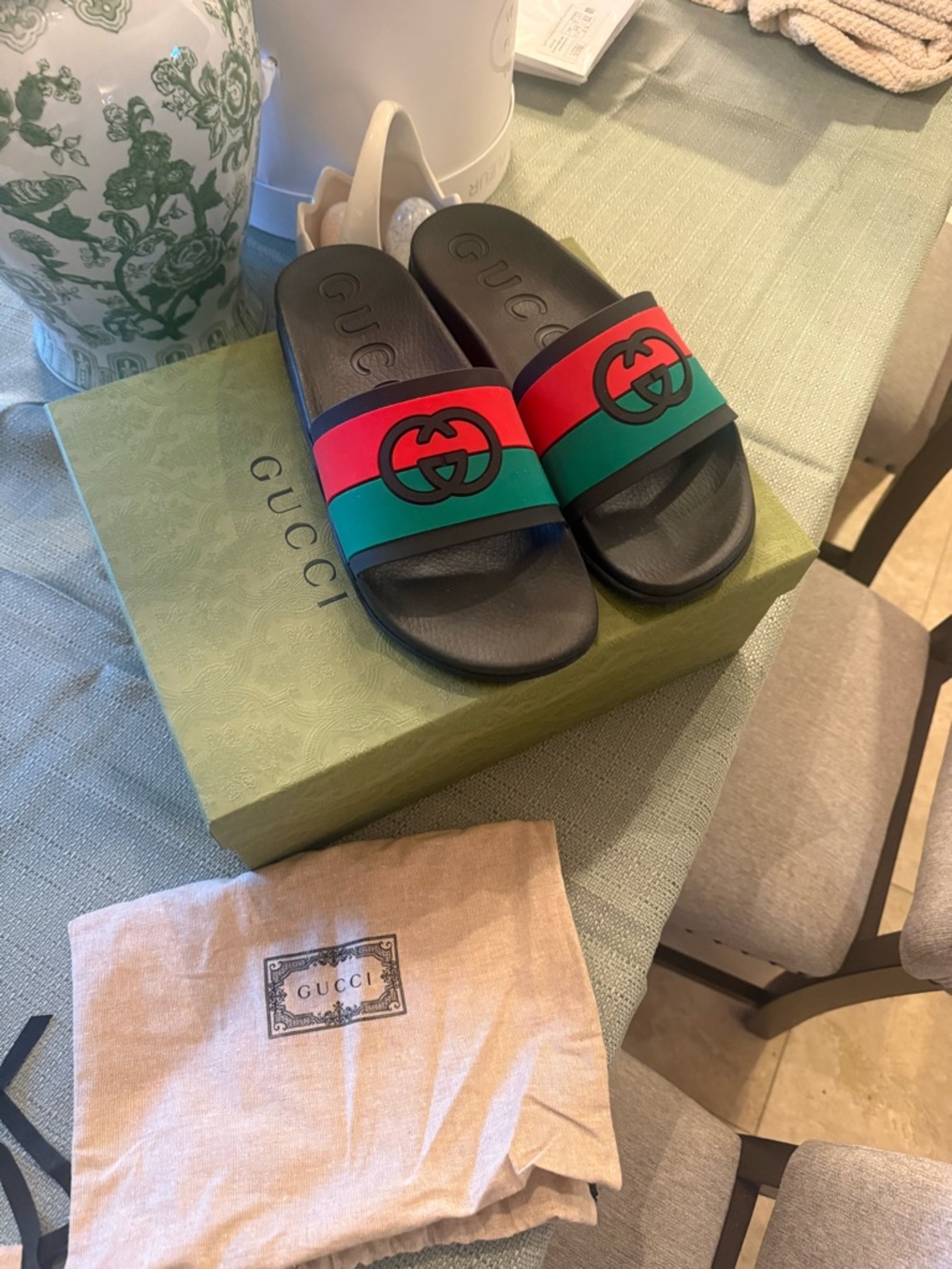 Gucci Black Slides with Red and Green Web Stripe